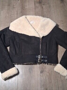 J.J. Winter by J.J. Basics Faux Shearling Suede Asymmetrical Moto Jacket  Size L